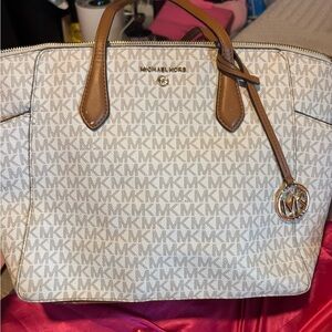 Michael Kors White and Tan Satchel with Signature MK Design